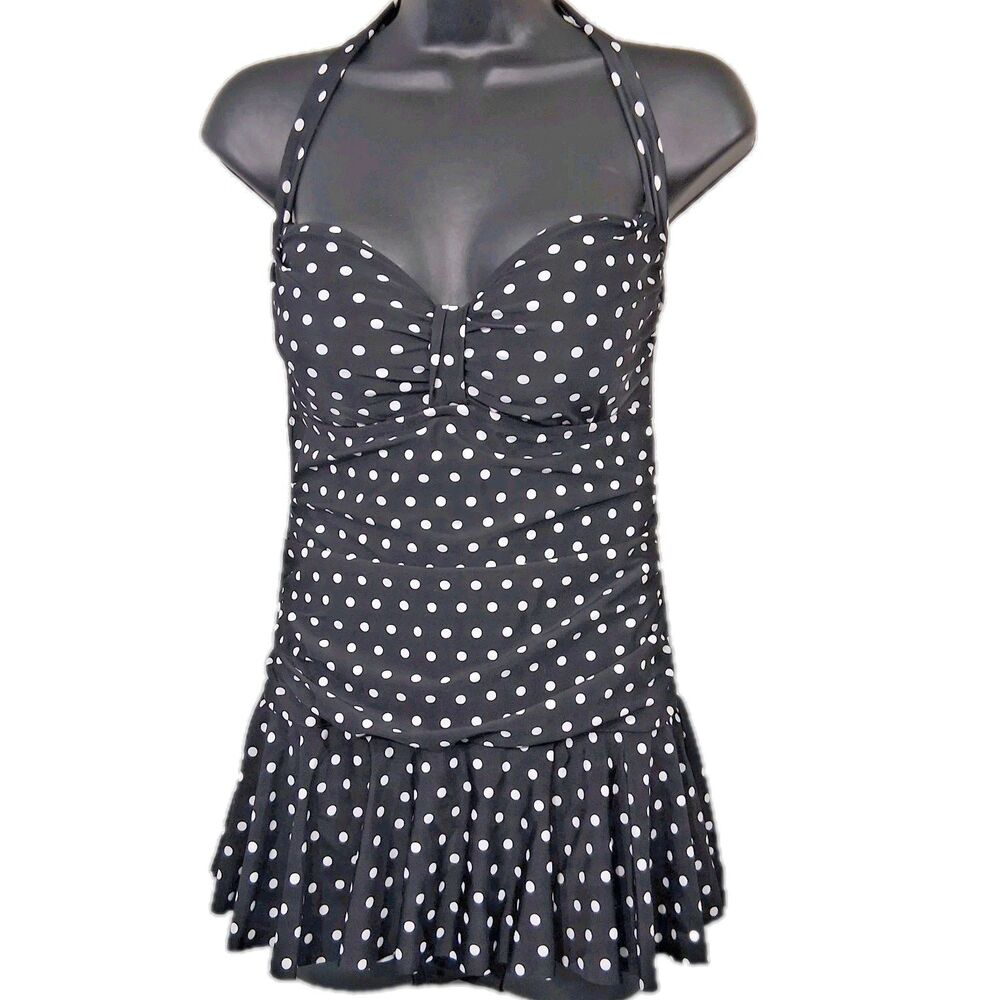 Sweetheart Halter Swimsuit One Piece Size M Polkadot Skirt Rockabilly Pin Up